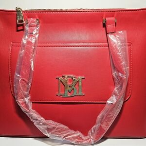 NWT Badgley Mischka Structured Tote Bag Red Vegan Leather Gold Logo